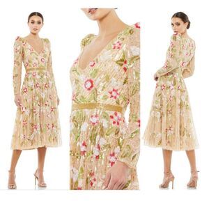 Mac Duggal Gold Floral Beadwork Long Sleeve Dress Size 8 Midi Dress 5415 New